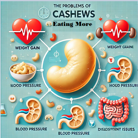 cashews, overeating cashews, health risks, weight gain, kidney stones, high blood pressure, digestive issues, healthy fats, oxalates, moderation, tree nuts, allergies